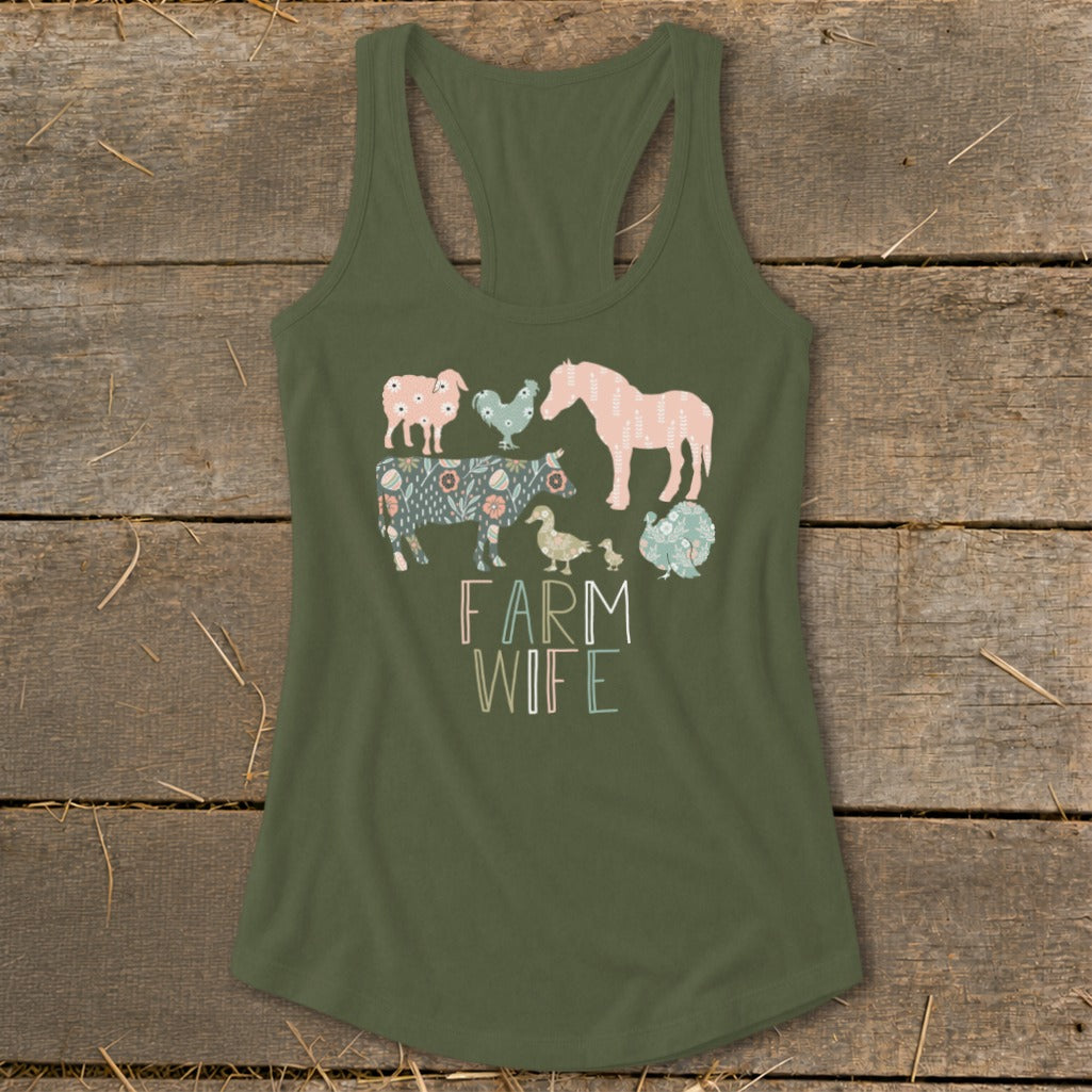 Green tank top with a floral farm animal graphic and the words "FARM WIFE".