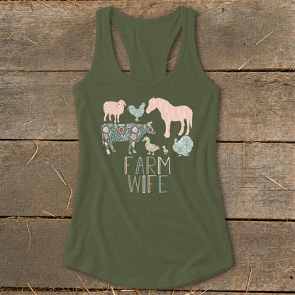 Green tank top with a floral farm animal graphic and the words "FARM WIFE".