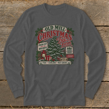 Old Mill Christmas Tree Farm graphic with pine, gifts, lantern, and text.
