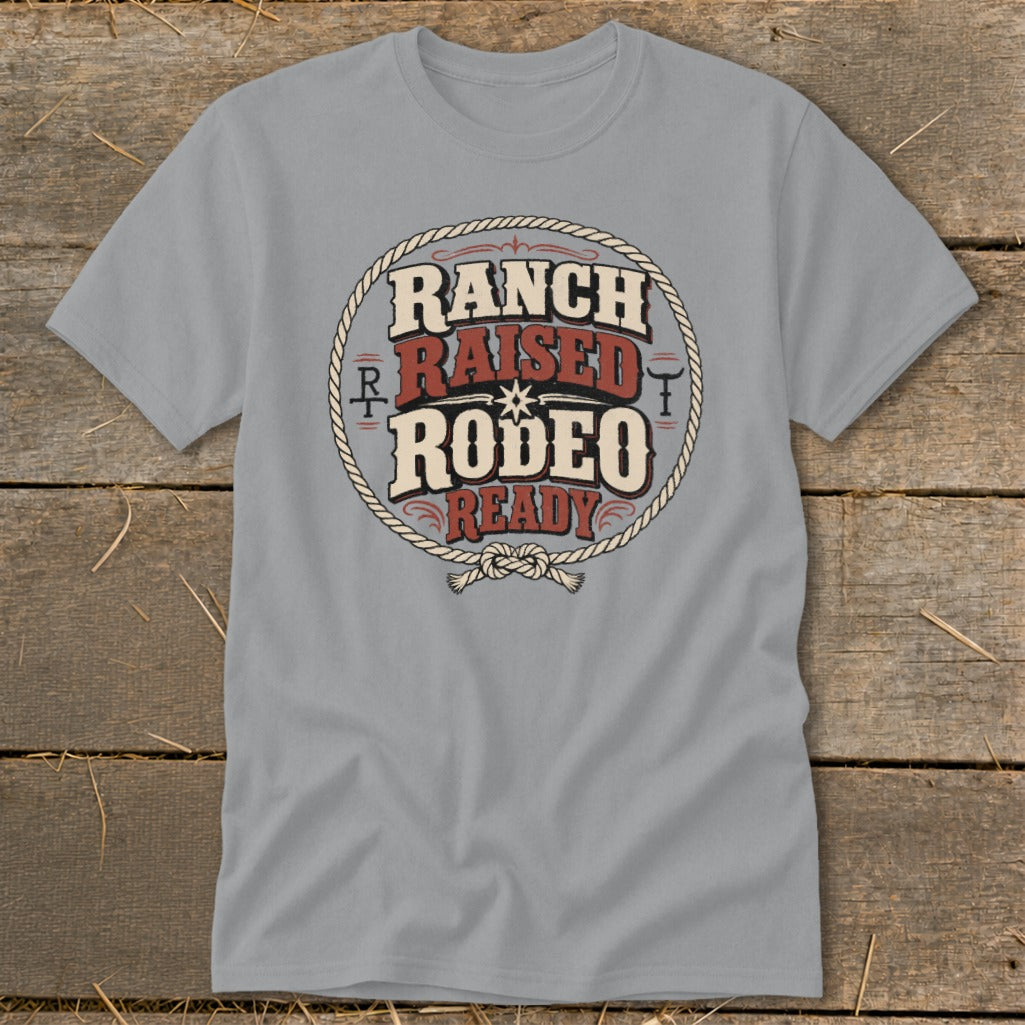 Gray t-shirt with "Ranch Raised Rodeo Ready" text inside a rope circle.