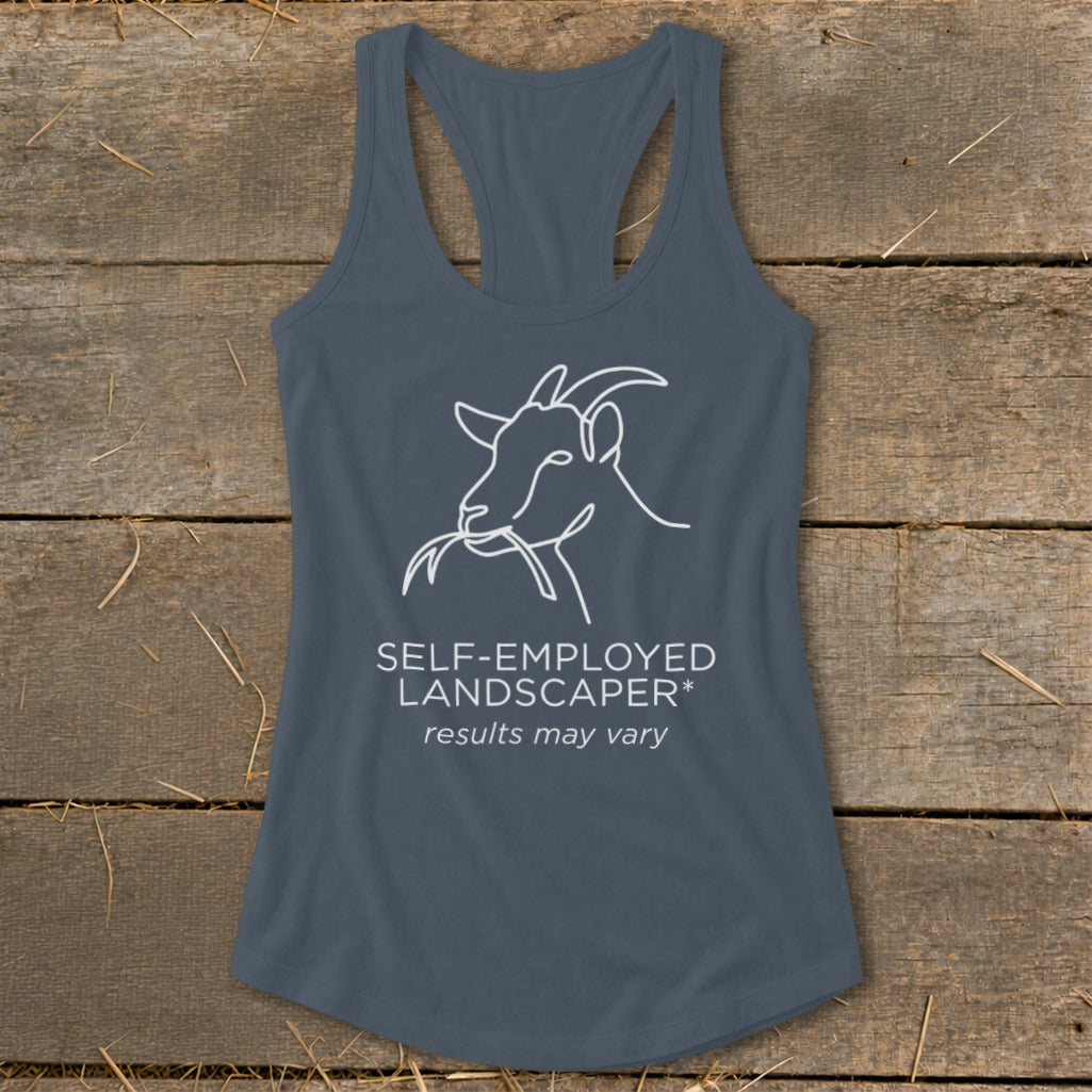 Tank top with white line drawing of a goat eating leaves and text.
