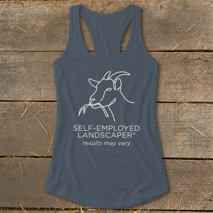 Tank top with white line drawing of a goat eating leaves and text.