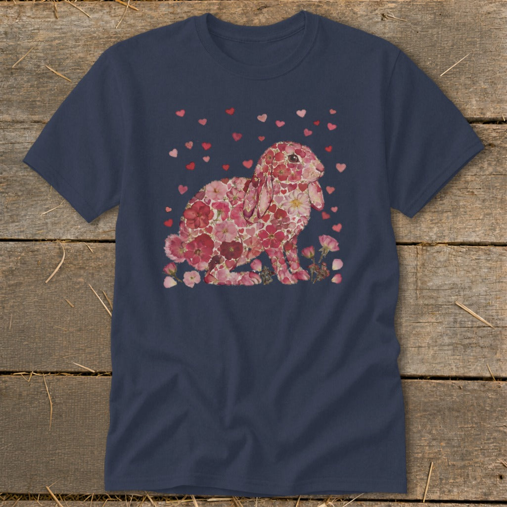 Navy t-shirt with a floral bunny print and scattered red hearts.