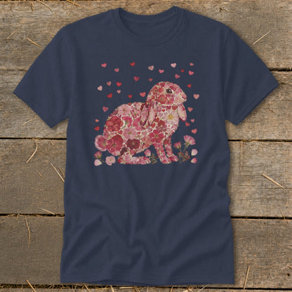 Navy t-shirt with a floral bunny print and scattered red hearts.