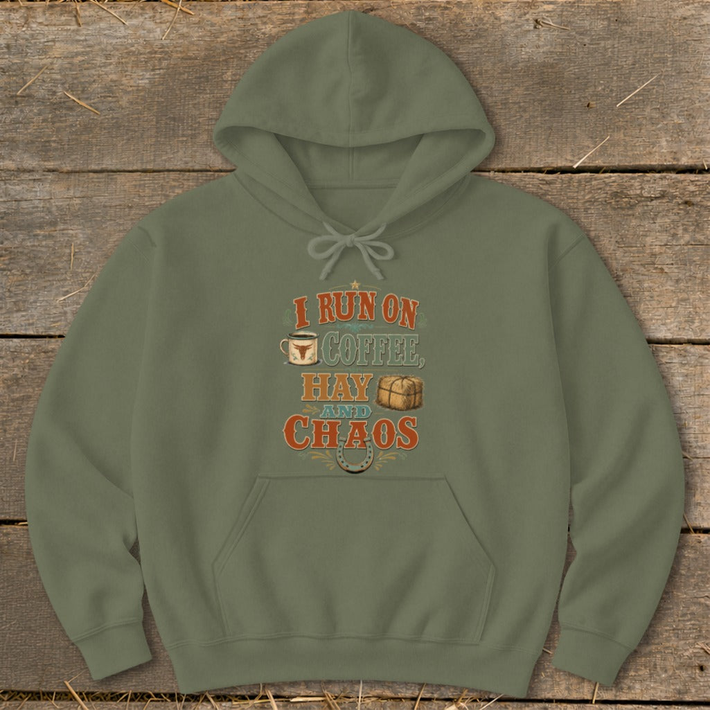 Olive green hoodie with "I run on coffee, hay, and chaos" text.