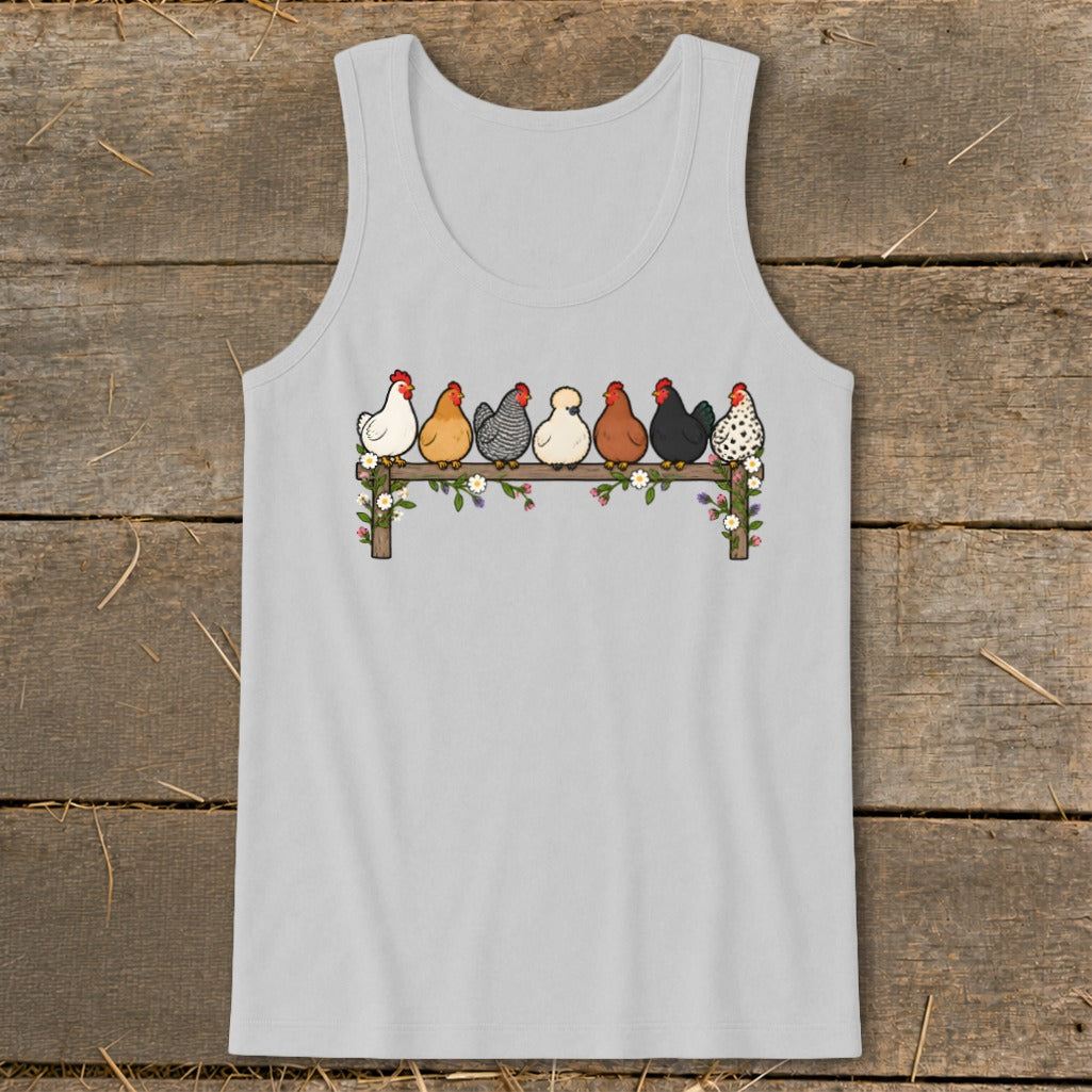 A light gray tank top featuring a graphic of seven colorful chickens perched on a flower-decorated fence.