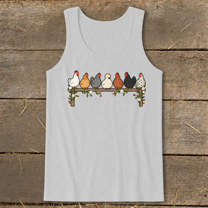 A light gray tank top featuring a graphic of seven colorful chickens perched on a flower-decorated fence.