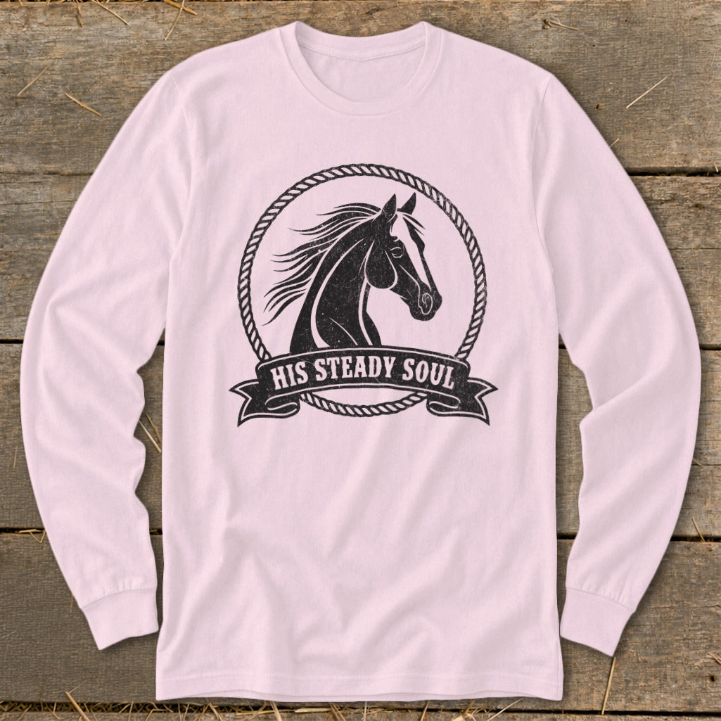 Long sleeve shirt with black horse head graphic and "HIS STEADY SOUL" text.