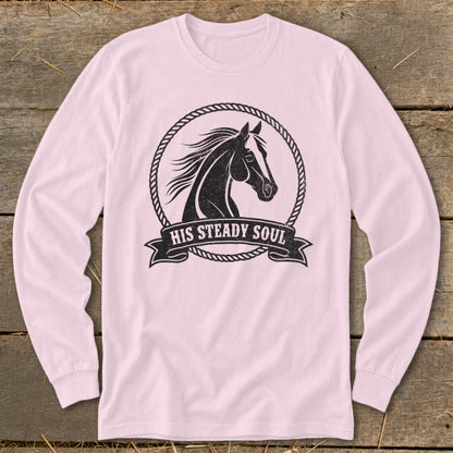 Long sleeve shirt with black horse head graphic and "HIS STEADY SOUL" text.