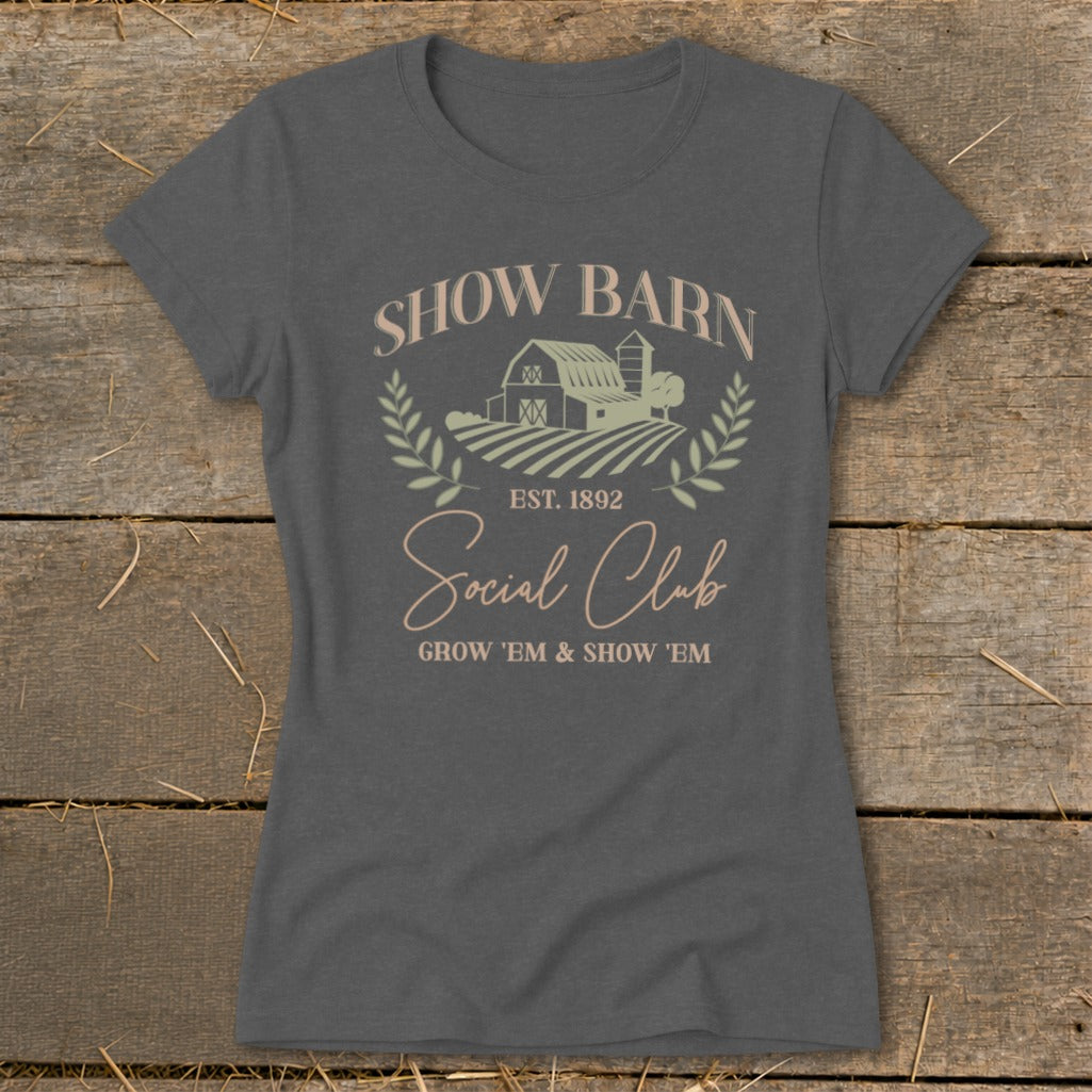 Show Barn Social Club t-shirt with barn, fields, and text.