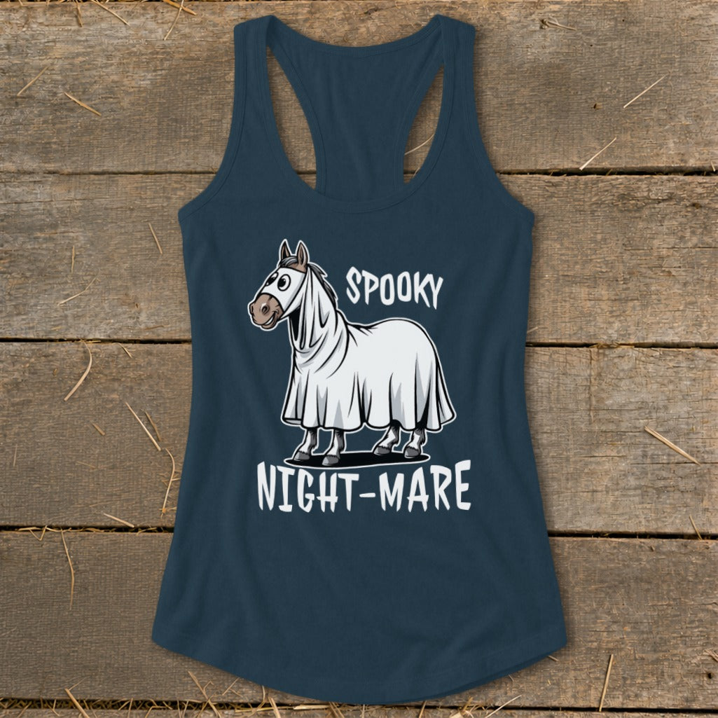 Dark blue tank top with cartoon horse in ghost costume and text "SPOOKY NIGHT-MARE".