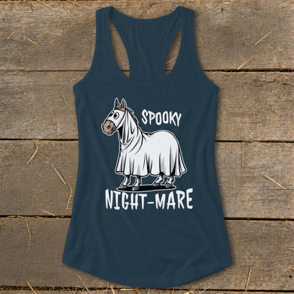 Dark blue tank top with cartoon horse in ghost costume and text "SPOOKY NIGHT-MARE".