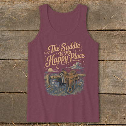 Maroon tank top with "The Saddle Is My Happy Place" graphic of a saddle on a fence.