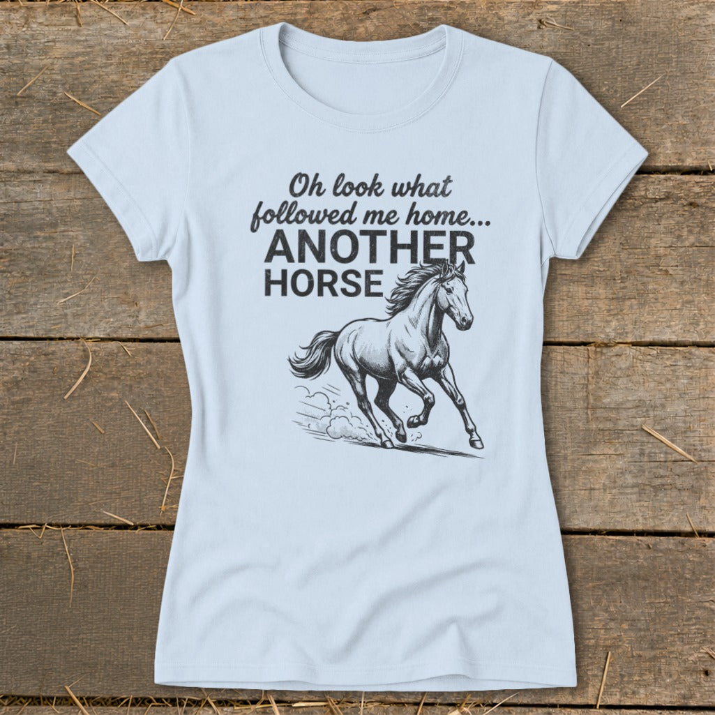 Light blue t-shirt with text "Oh look what followed me home... ANOTHER HORSE" and horse graphic.