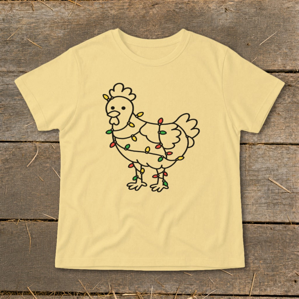 Yellow t-shirt with a black outline drawing of a chicken wrapped in colorful Christmas lights.