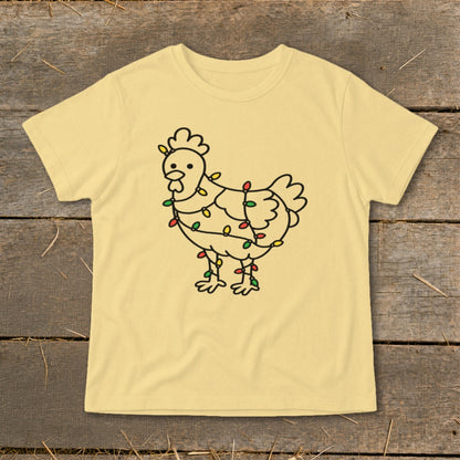 Yellow t-shirt with a black outline drawing of a chicken wrapped in colorful Christmas lights.