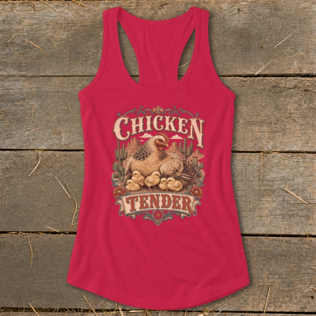 Red tank top with "Chicken Tender" text and chicken and chicks graphic.