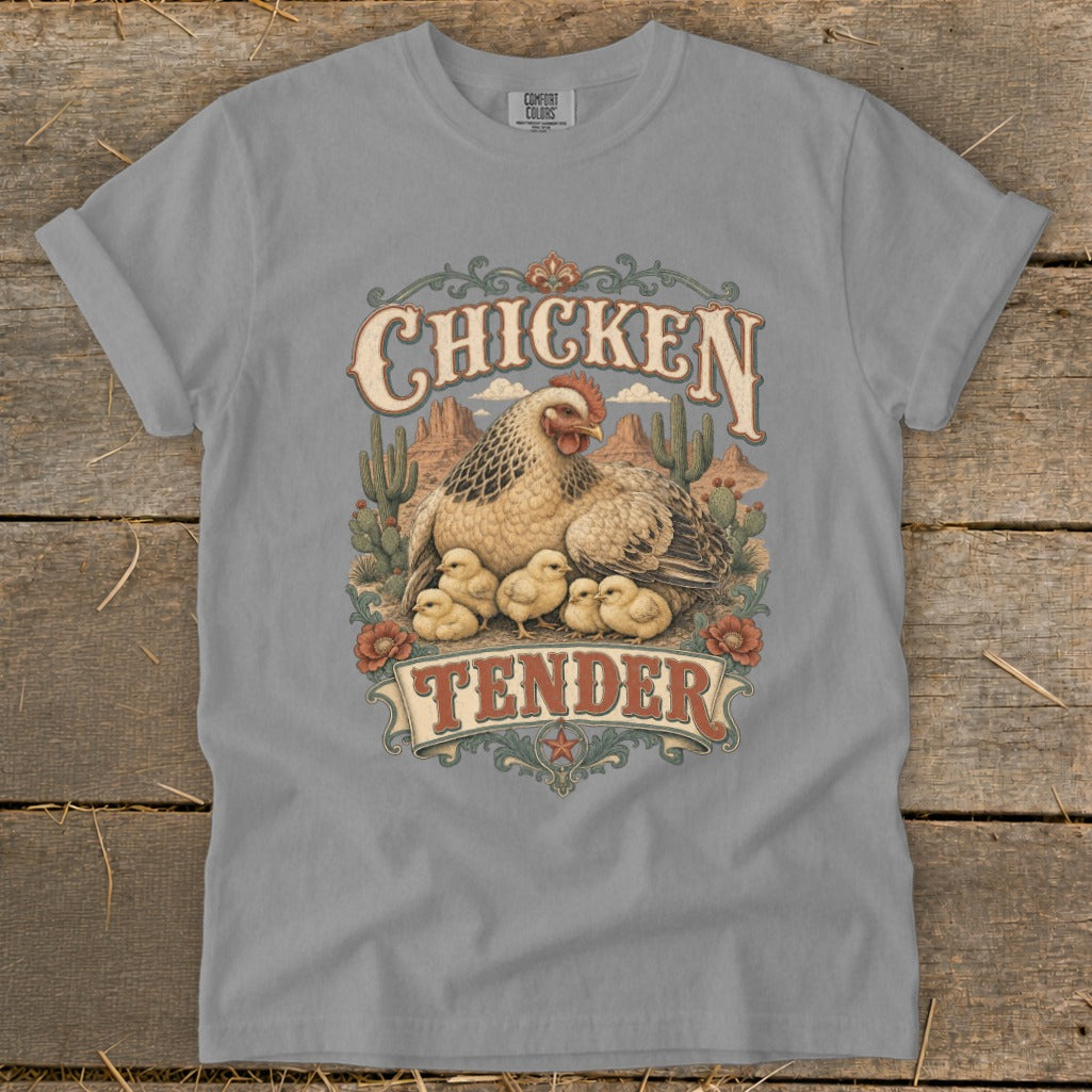 T-shirt graphic with chickens and chicks in desert landscape, reading "Chicken Tender."
