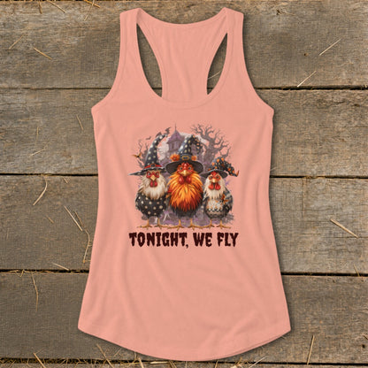 Three chickens in witch hats and a spooky house. "Tonight, We Fly" text.