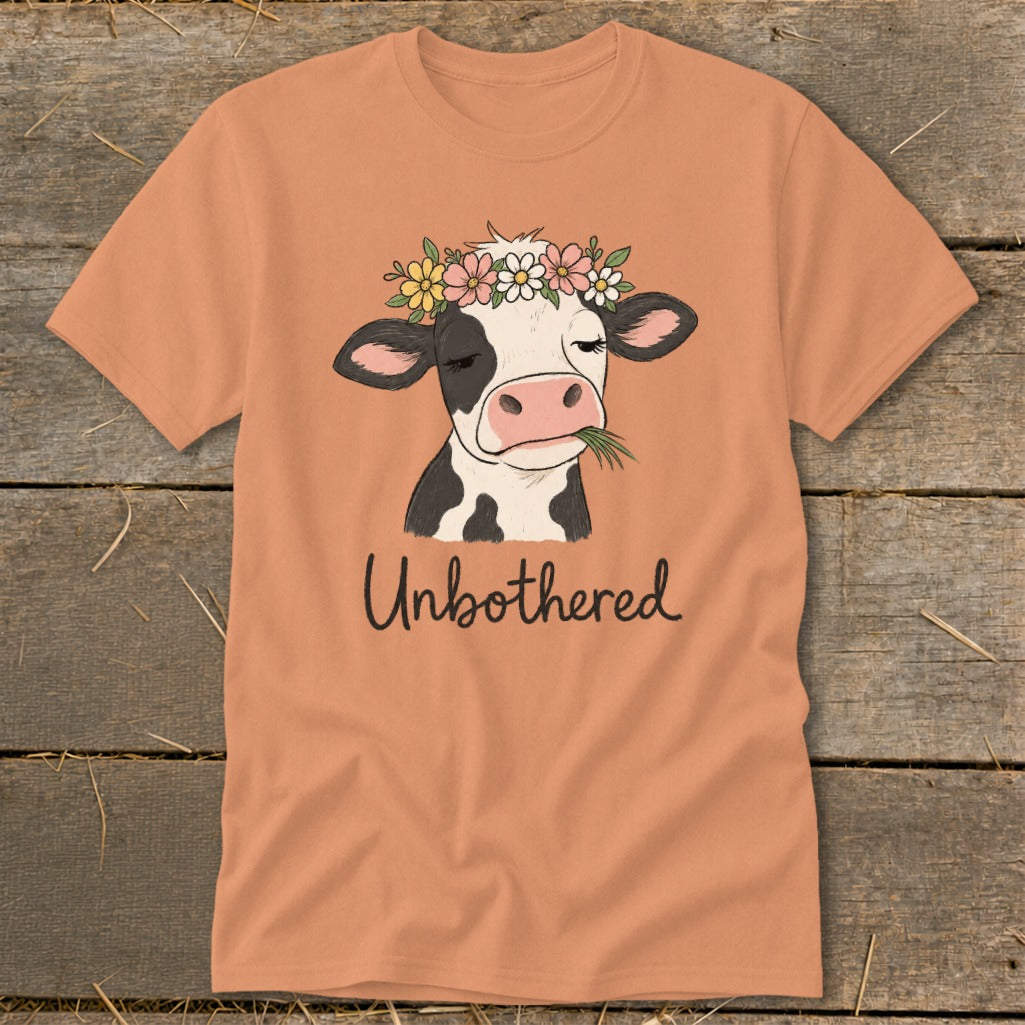 T-shirt with a cow wearing a flower crown and eating grass, text reads "Unbothered".