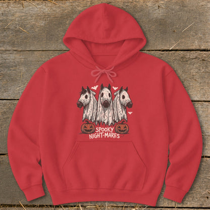 Red hoodie with three horses in ghost costumes and pumpkins, reading "Spooky Night-Mares".