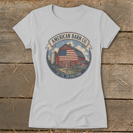 Grey t-shirt with circular American barn graphic, "American Barn Co." and "Est. 1776 - 250 Years Strong".
