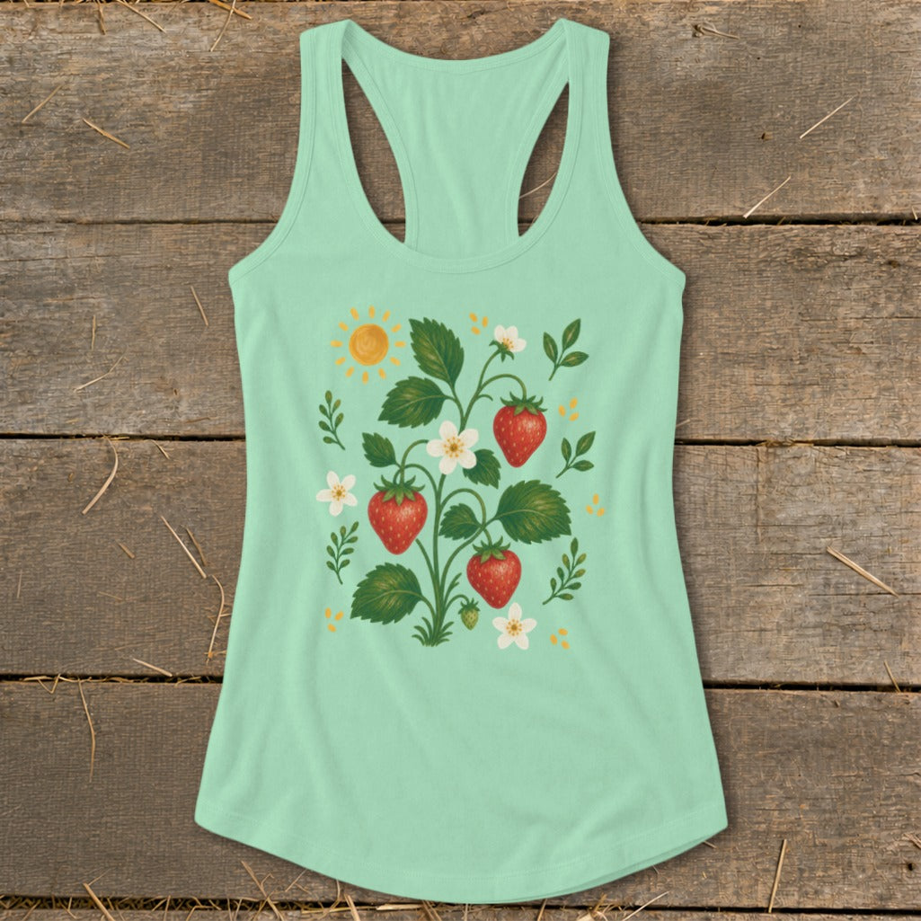Light green tank top with a strawberry plant graphic and sun.