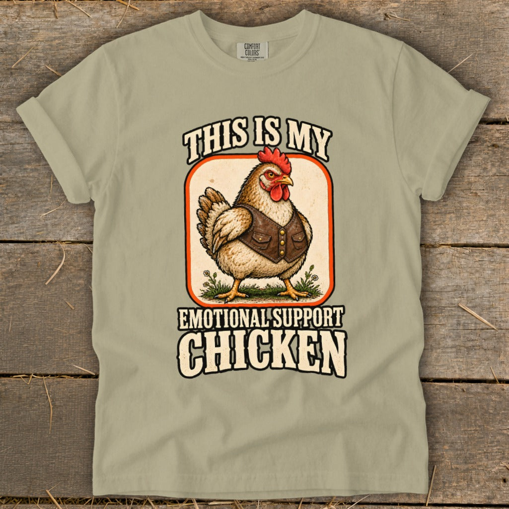 T-shirt graphic with chicken in vest and text "This is my emotional support chicken".