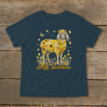 Dark navy t-shirt with a goat made of sunflowers and butterflies, text "Hello Sunshine".