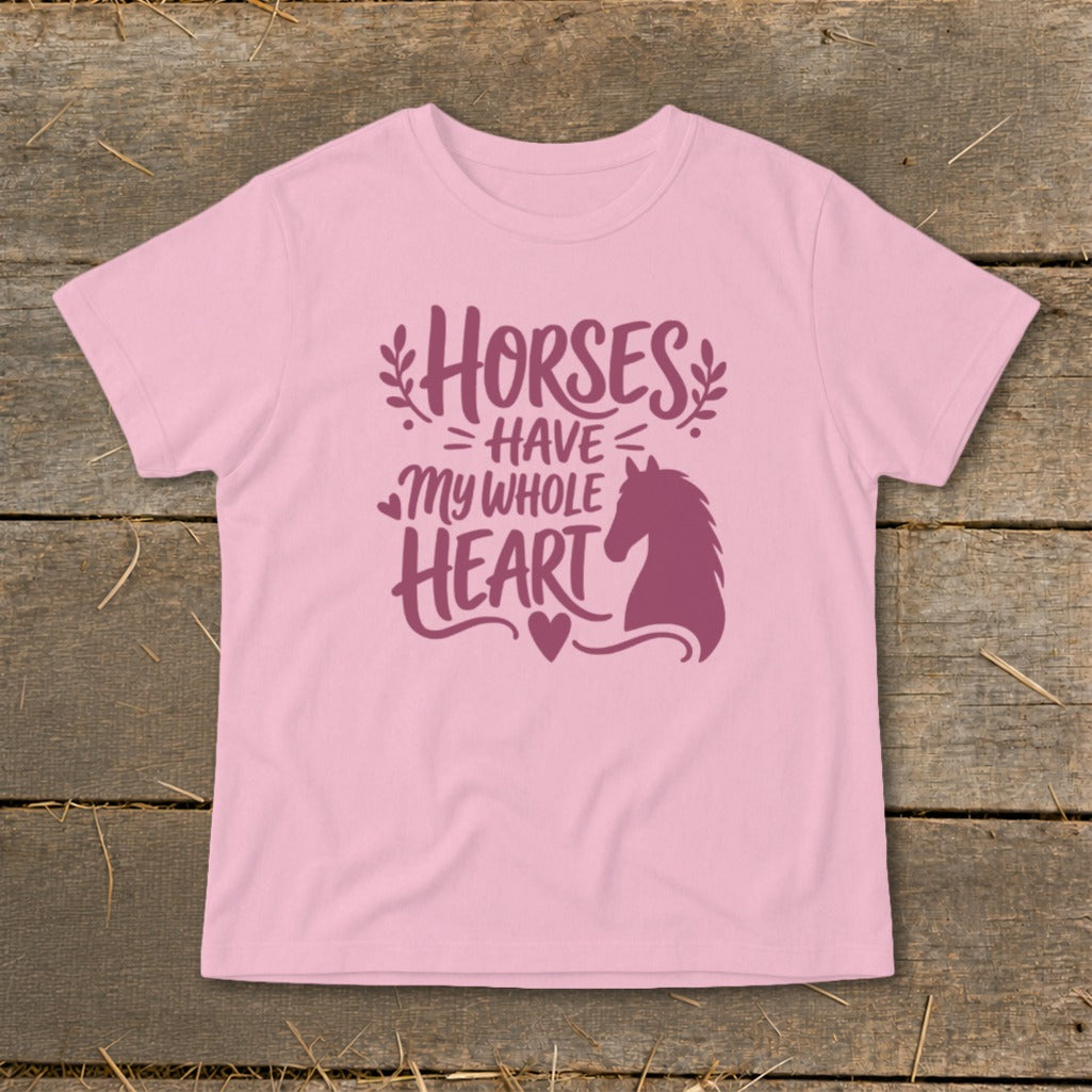 Pink t-shirt with "Horses have my whole heart" text and horse silhouette.