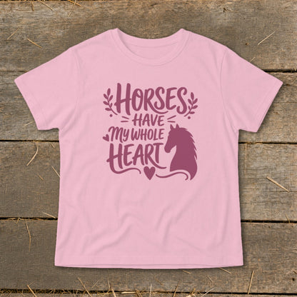 Pink t-shirt with "Horses have my whole heart" text and horse silhouette.