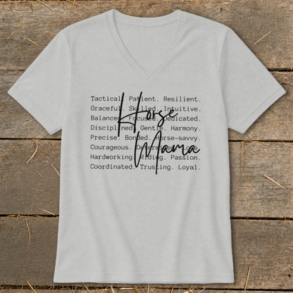 Light grey v-neck t-shirt with "Horse Mama" text overlay and descriptive words.
