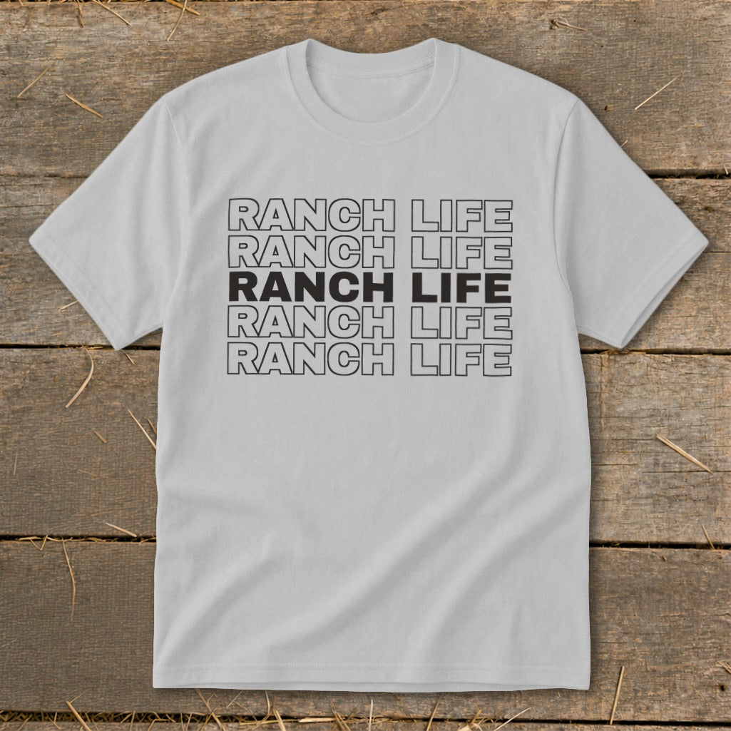 A light grey short-sleeve t-shirt with repeated "RANCH LIFE" text printed centrally on the chest.