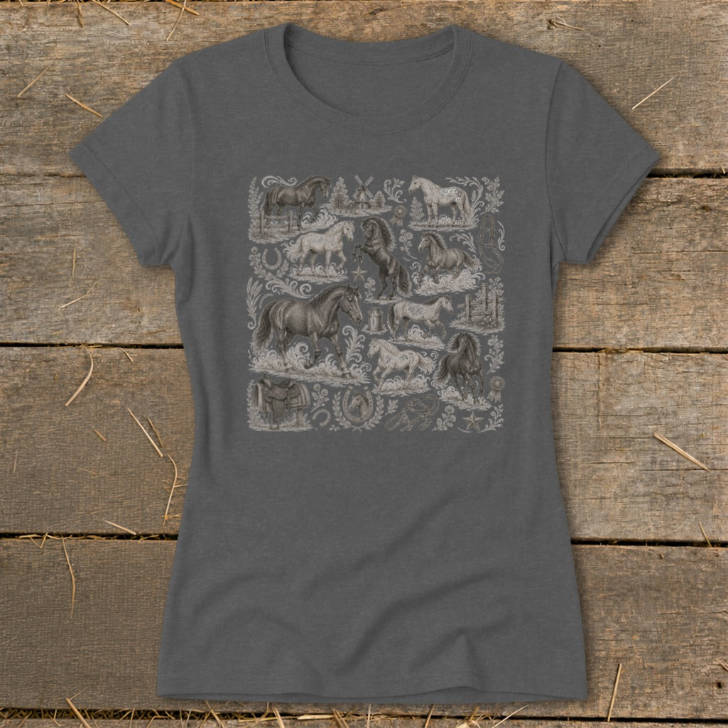 Dark grey t-shirt with a collage of vintage horse illustrations and decorative elements.