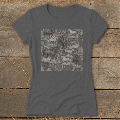 Dark grey t-shirt with a collage of vintage horse illustrations and decorative elements.