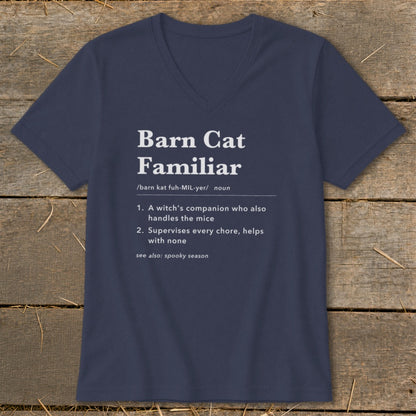 Navy t-shirt with "Barn Cat Familiar" definition and "spooky season" reference.