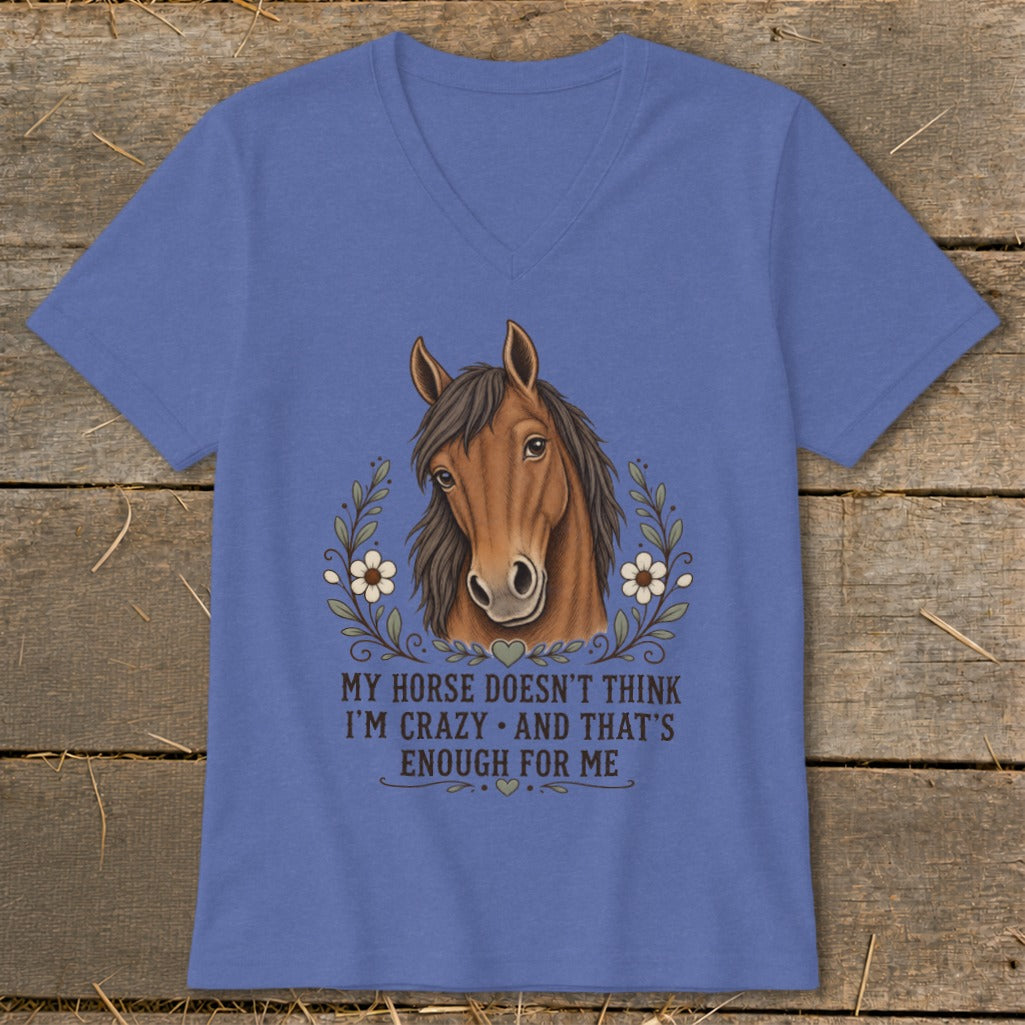 Blue v-neck shirt with horse graphic and text "MY HORSE DOESN'T THINK I'M CRAZY AND THAT'S ENOUGH FOR ME".