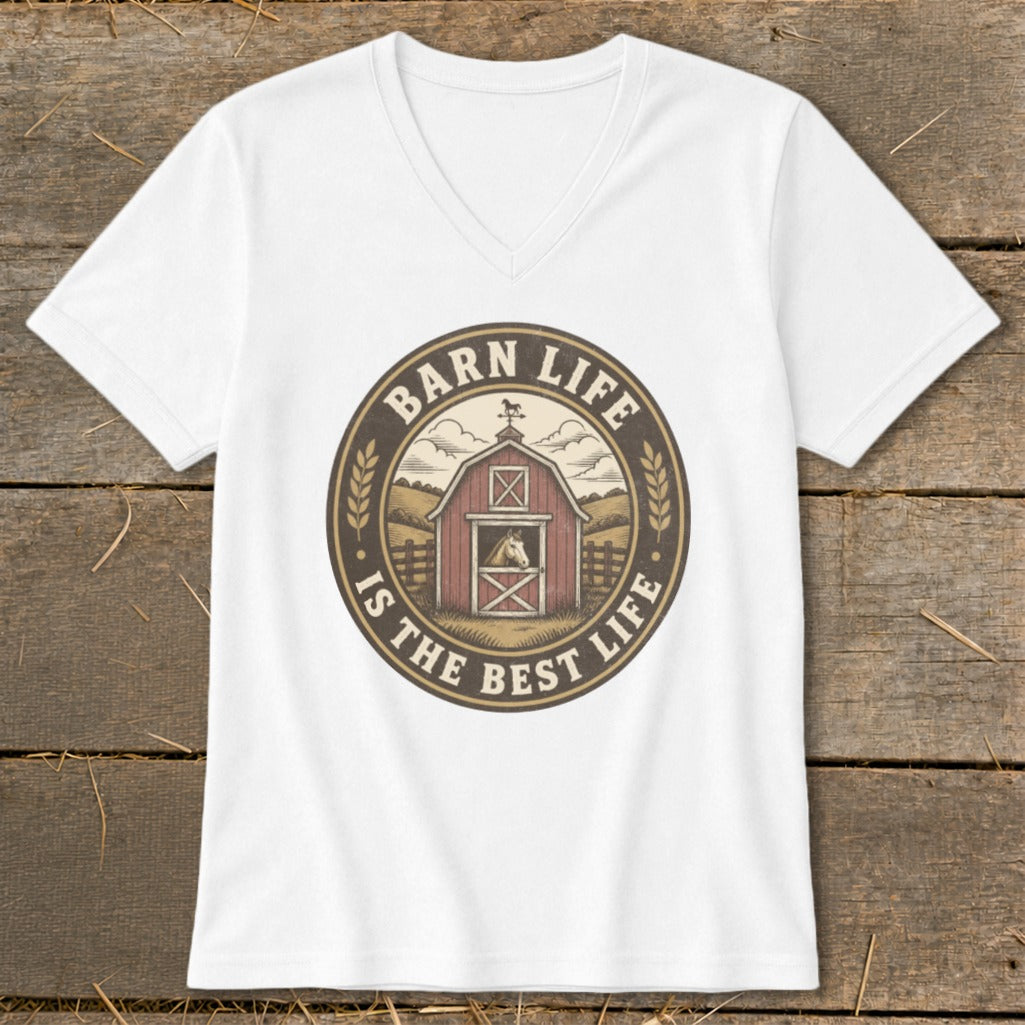 White t-shirt with circular graphic of red barn, horse, and text "Barn Life Is The Best Life".