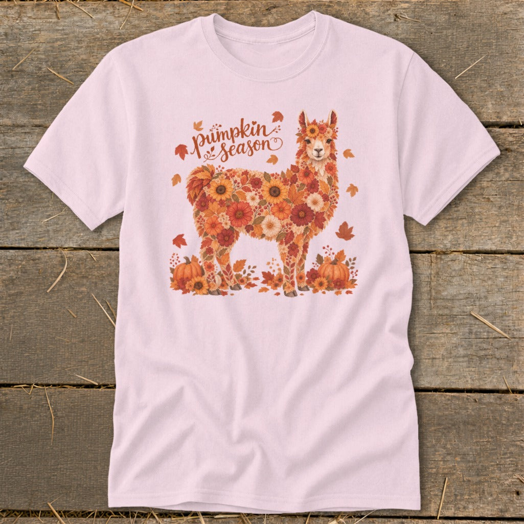 Light pink t-shirt with a floral llama graphic and "pumpkin season" text.