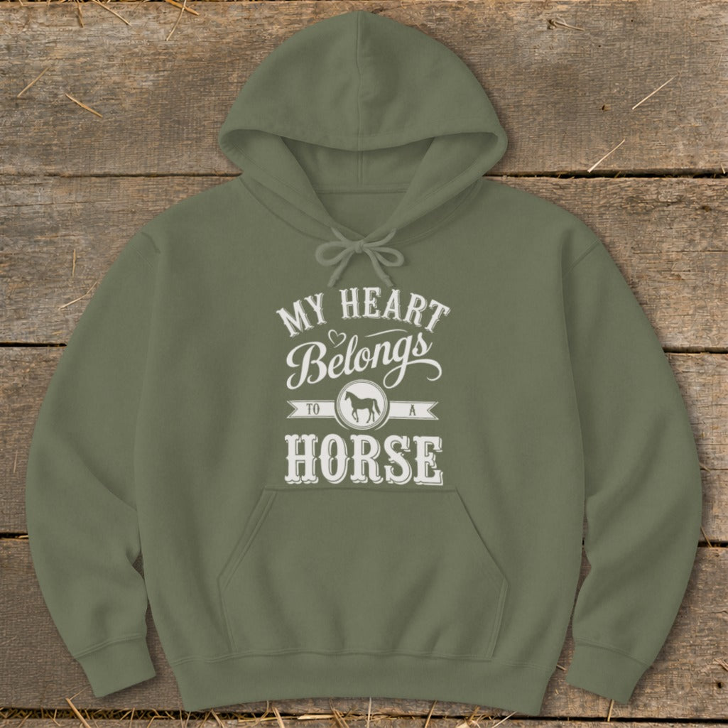 Green hoodie with "My Heart Belongs To A Horse" text and horse silhouette.