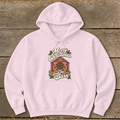 Pink hoodie with "Merry Christmas from the Barn" text and barn graphic.