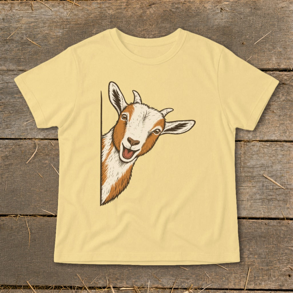 Light yellow t-shirt with a drawing of a goat peeking from the side.