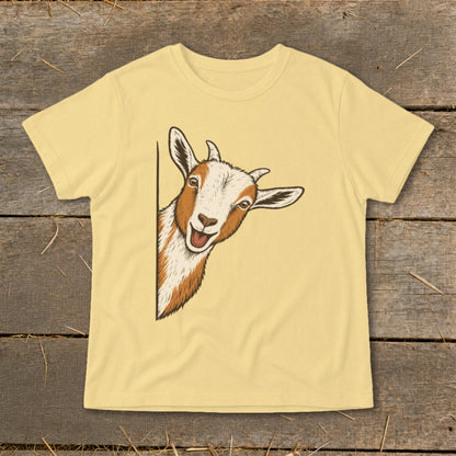 Light yellow t-shirt with a drawing of a goat peeking from the side.