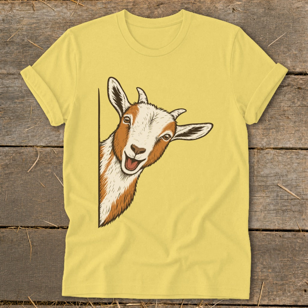 Yellow t-shirt with a drawing of a curious goat peeking from the side.