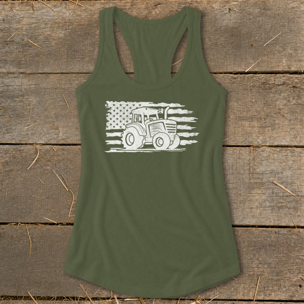 Olive green tank top with distressed tractor and American flag graphic.