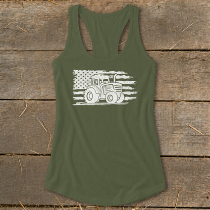 Olive green tank top with distressed tractor and American flag graphic.