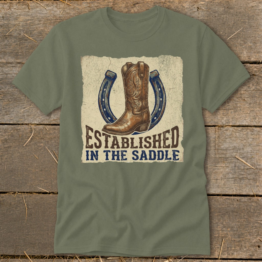 Cowboy boot and horseshoes graphic with "Established in the Saddle" text.