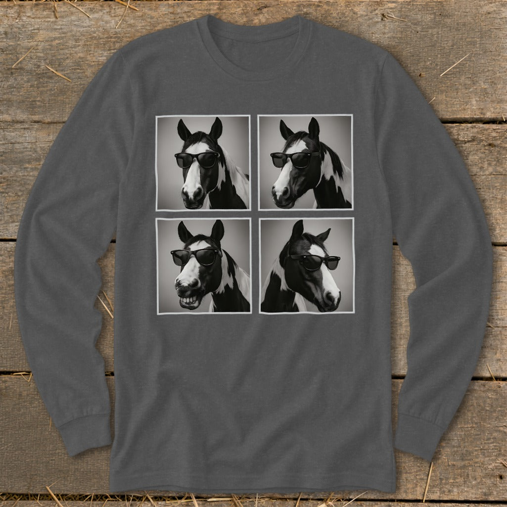 Four black and white portraits of a horse wearing sunglasses in a grid.