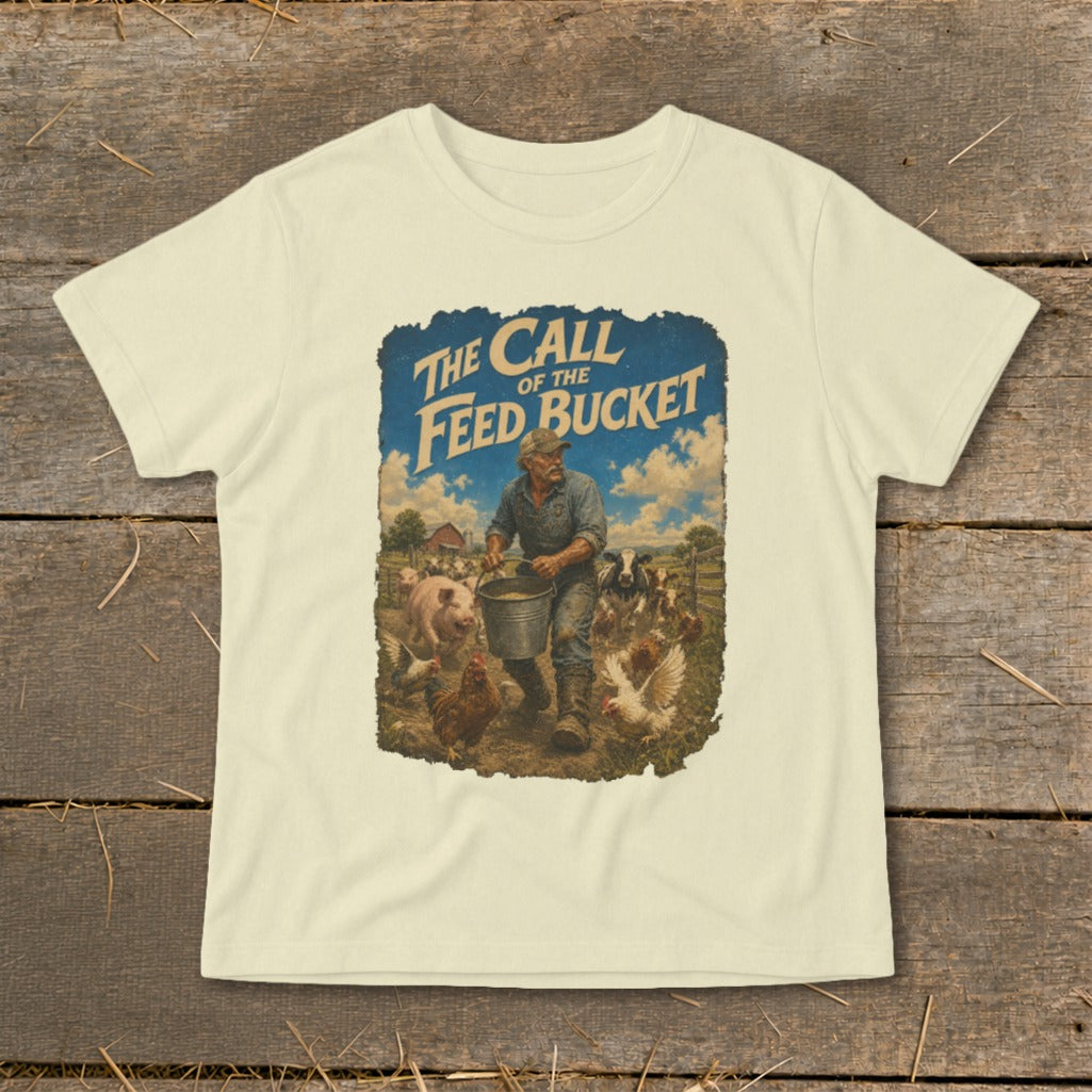 Cream t-shirt with graphic "The Call of the Feed Bucket" and farmer feeding animals.
