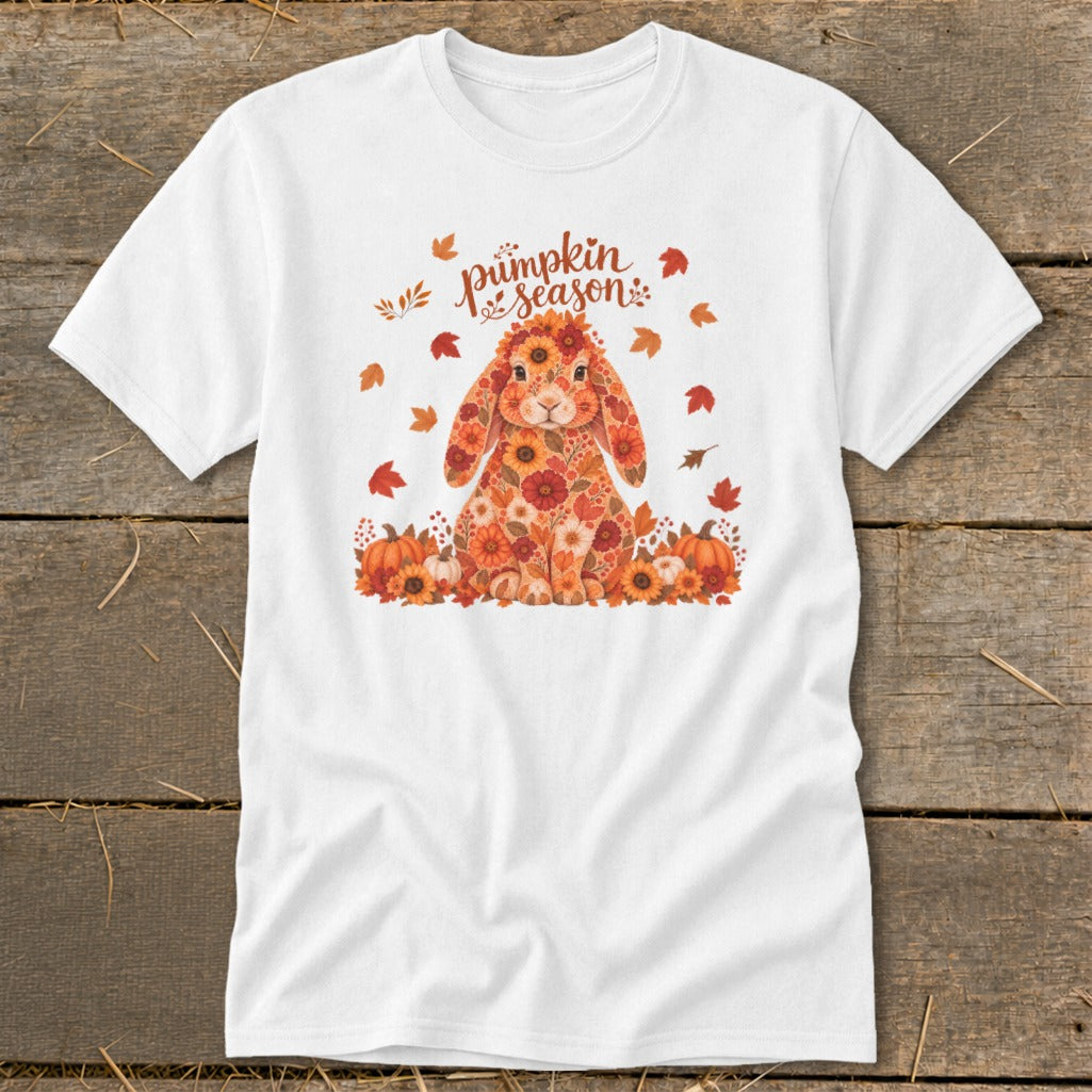 White t-shirt with a floral bunny design and "Pumpkin Season" text.